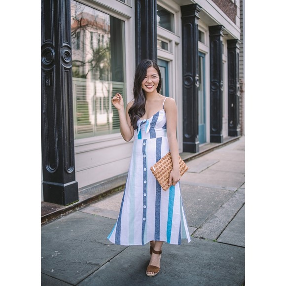 BP Dresses & Skirts - BP Womens Dress Size XS White Blue Green Lacy Stripe Linen Midi Spaghetti Strap